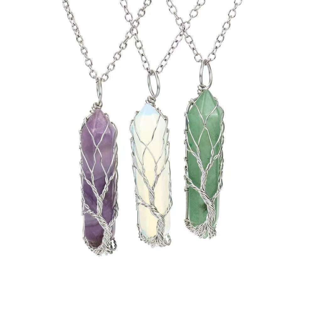 hand wrapped tree of life natural raw stone crystal hexagon prism necklace fortune tree necklace