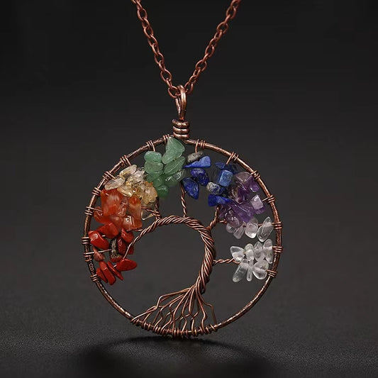 hand-wound natural stone crystal ancient red copper curved tree of life curved tree necklace