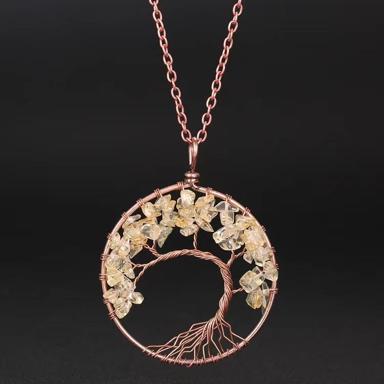 hand-wound natural stone crystal ancient red copper curved tree of life curved tree necklace