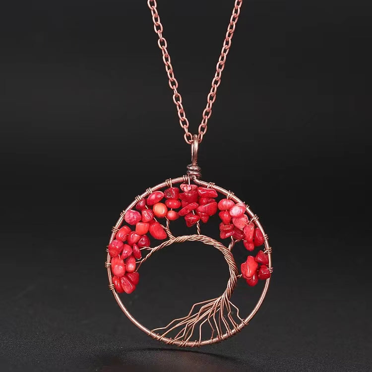 hand-wound natural stone crystal ancient red copper curved tree of life curved tree necklace