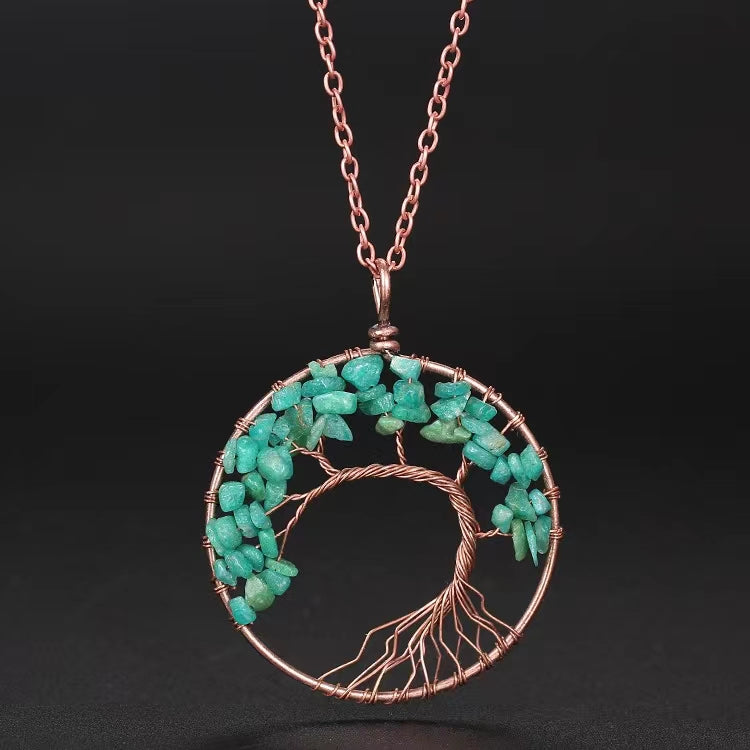 hand-wound natural stone crystal ancient red copper curved tree of life curved tree necklace