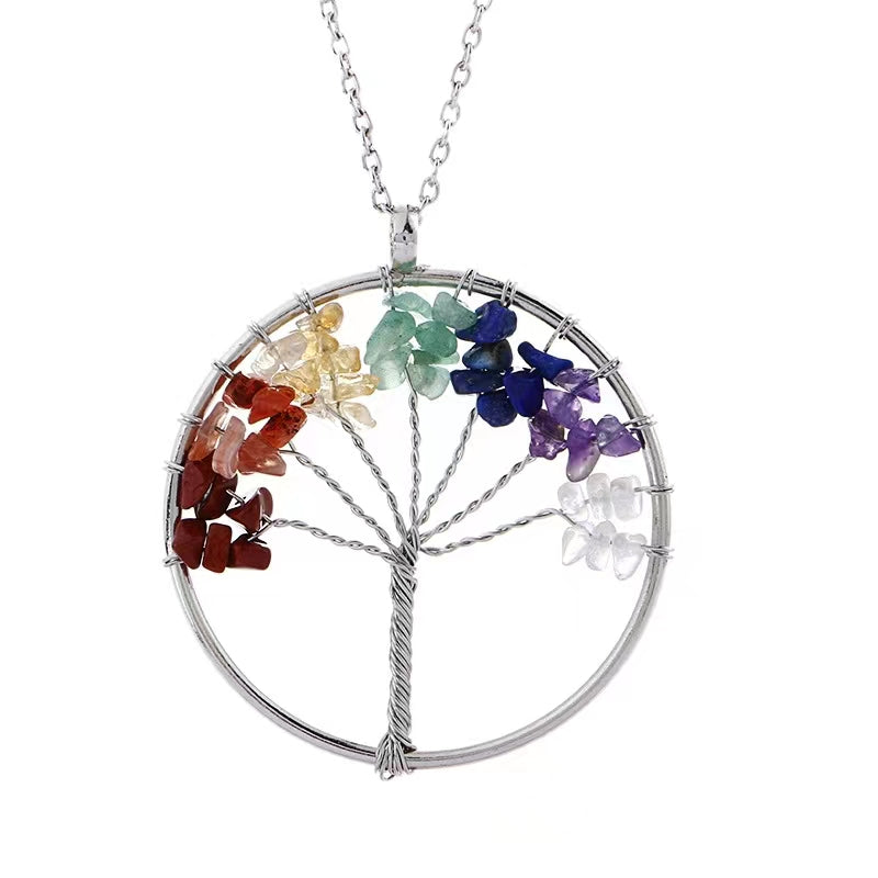 hand wrapped tree of life natural raw stone crystal hexagon prism necklace fortune tree necklace