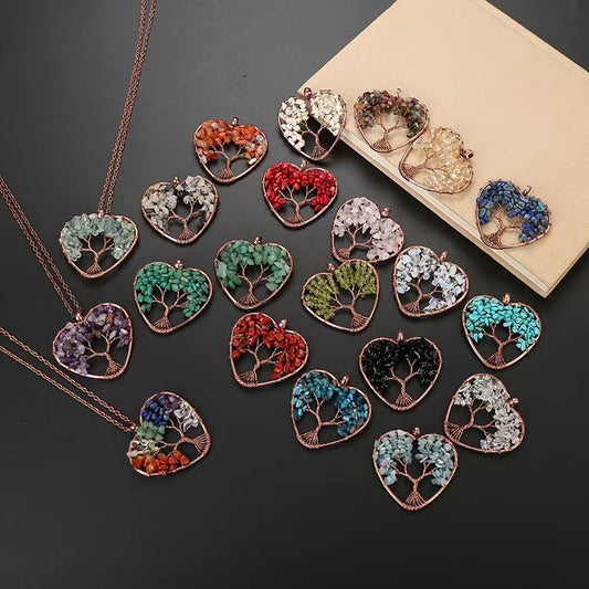 hand wrapped tree of life natural raw stone crystal hexagon prism necklace fortune tree necklace