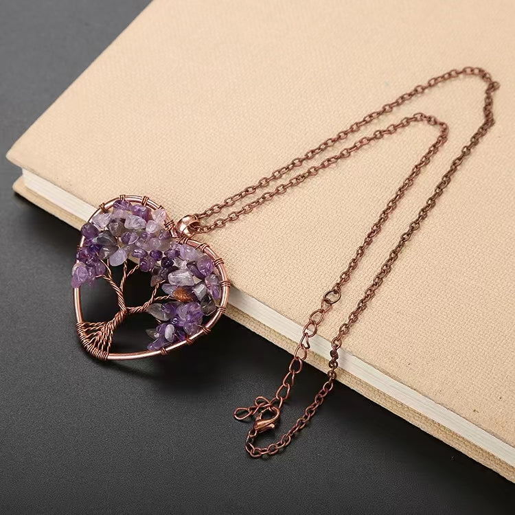 hand wrapped tree of life natural raw stone crystal hexagon prism necklace fortune tree necklace