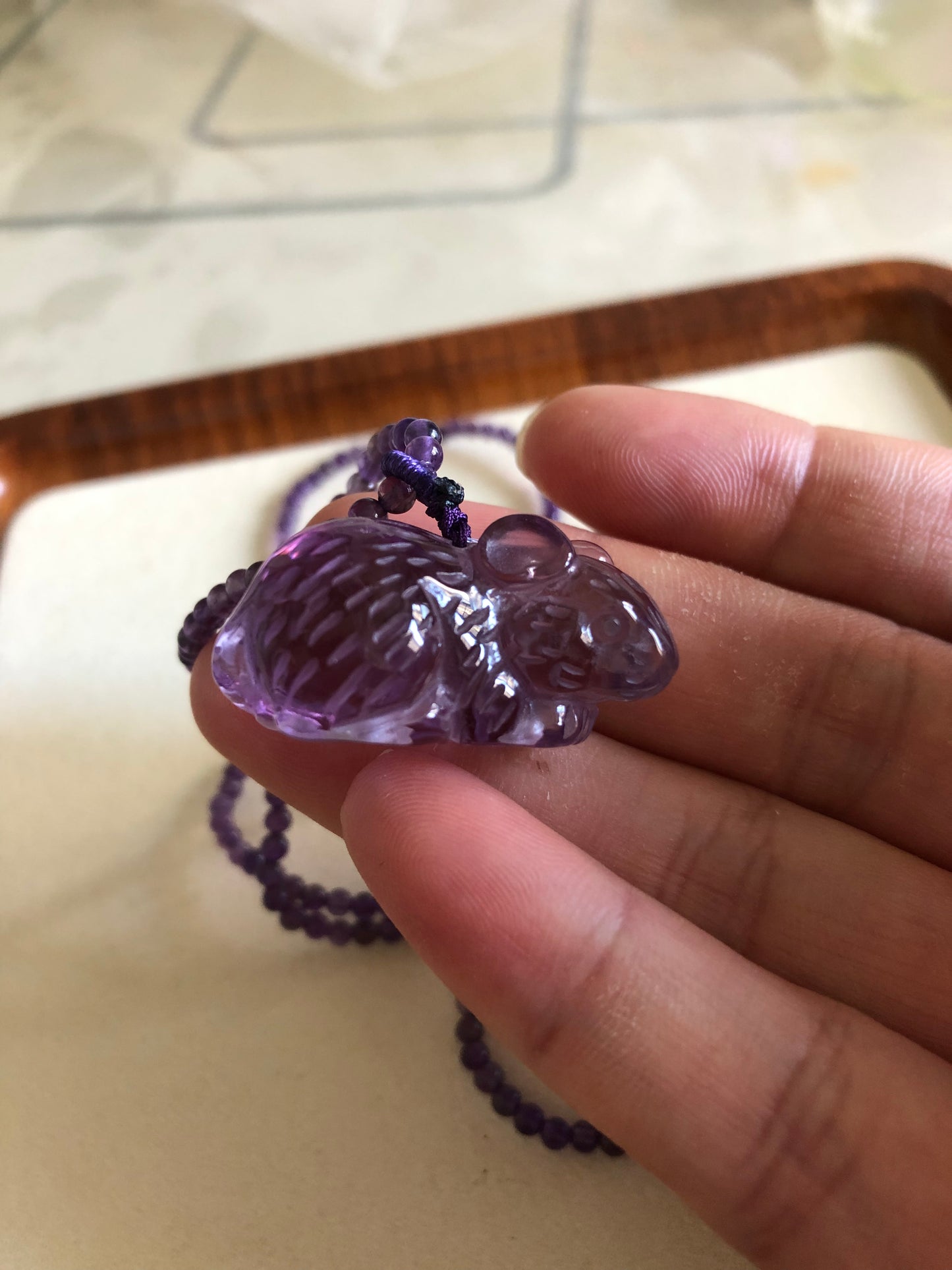 Natural hand caved amethyst mouse necklace