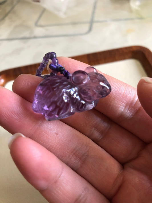 Natural hand caved amethyst mouse necklace