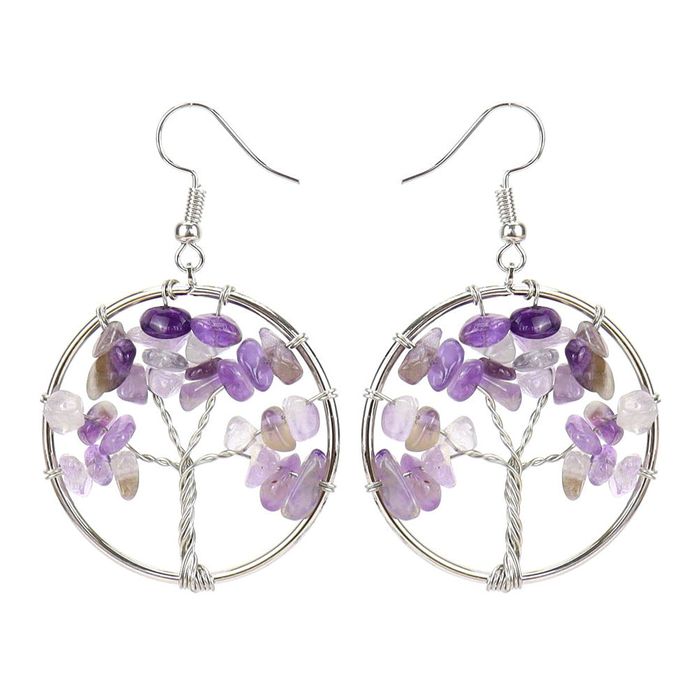 Hand wrapped silk natural crystal macadam amethyst life tree earrings drop earrings