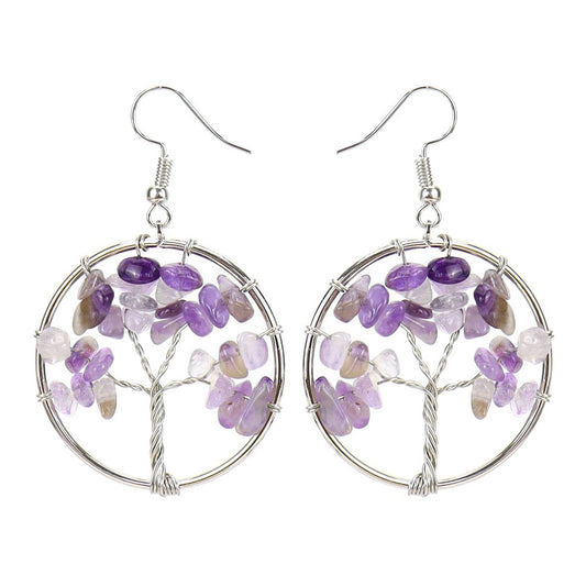 Hand wrapped silk natural crystal macadam amethyst life tree earrings drop earrings